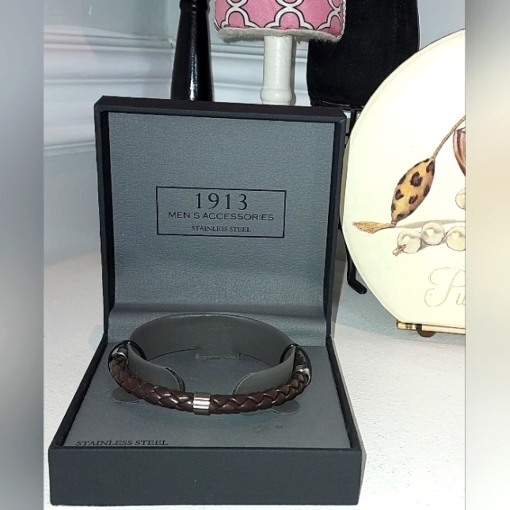 1913 Men's Accessories Braided Brown Leather Bracelet with Stainless Steel NIB